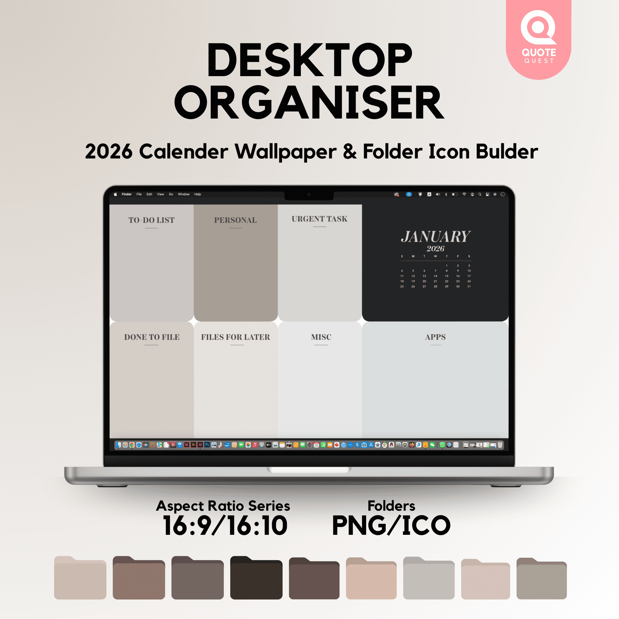 1 Desktop Organizer Wallpaper – Minimalist Neutral Aesthetic Digital Bundle for Calm & Productive Workspaces