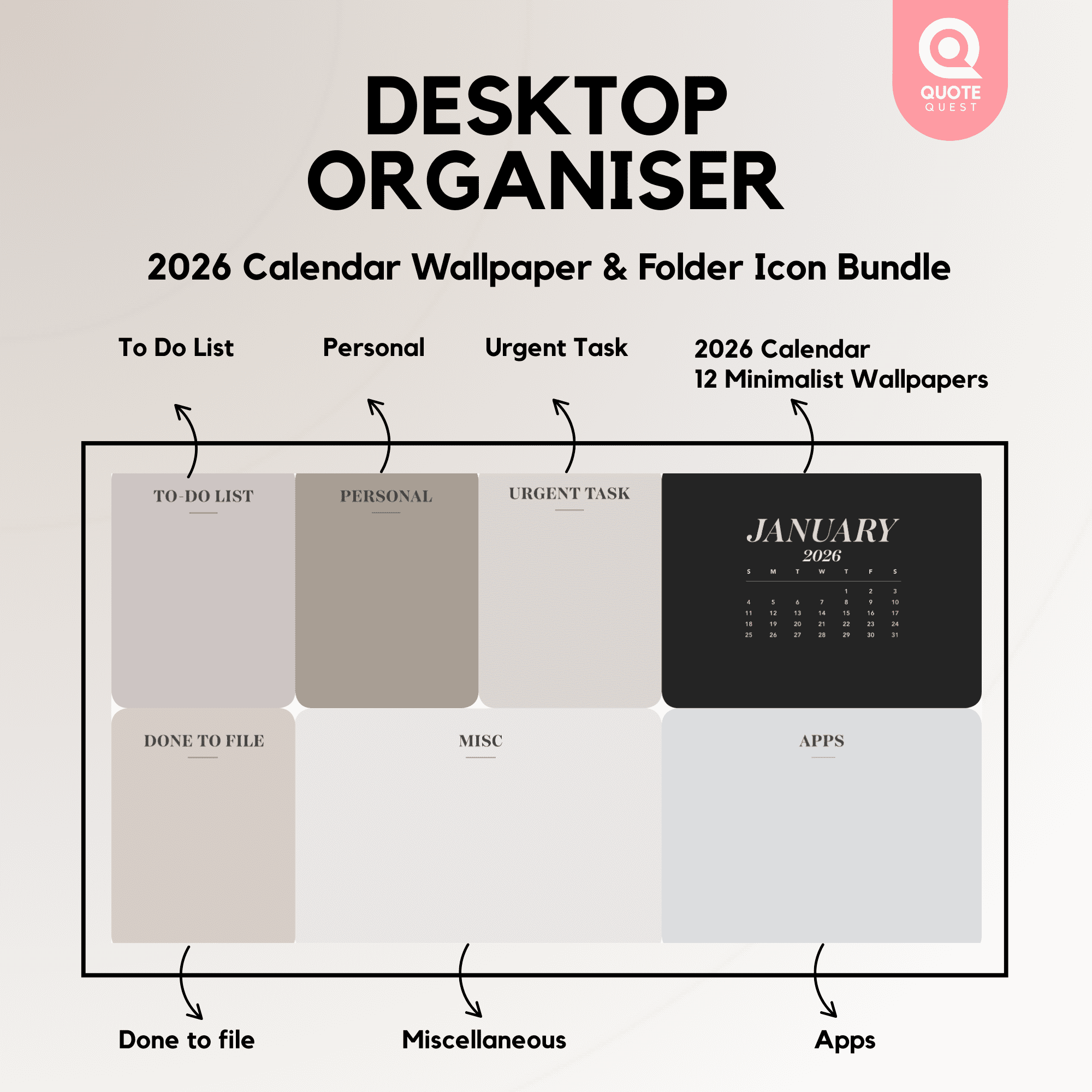 2 Desktop Organizer Wallpaper – Minimalist Neutral Aesthetic Digital Bundle for Calm & Productive Workspaces - Image 2