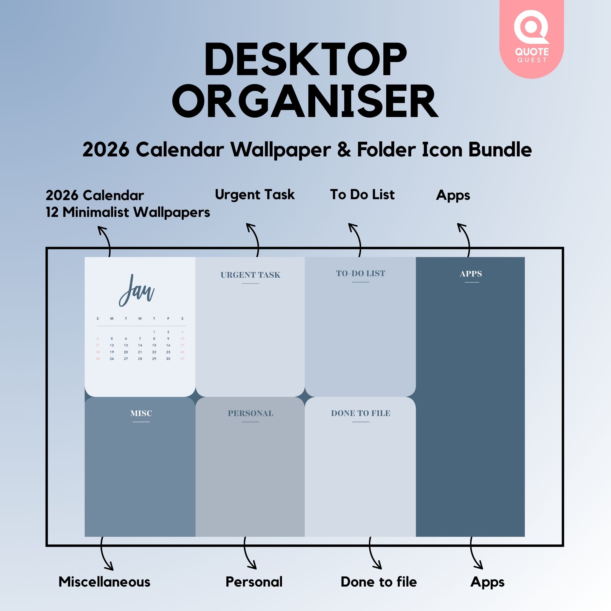 10 Desktop Organizer Wallpaper – Minimalist Blue Neutral Digital Bundle for Productivity & Calm Aesthetic - Image 2