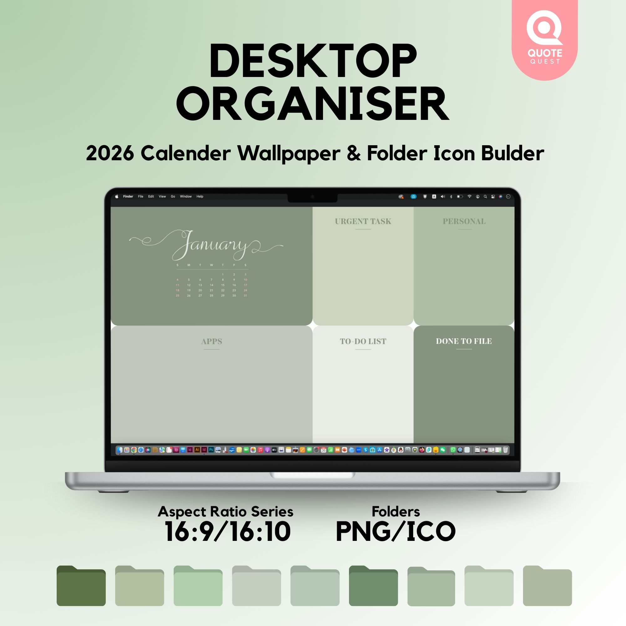 15 Desktop Organizer Wallpaper – Minimalist Green Digital Bundle for Productivity & Aesthetic Setup