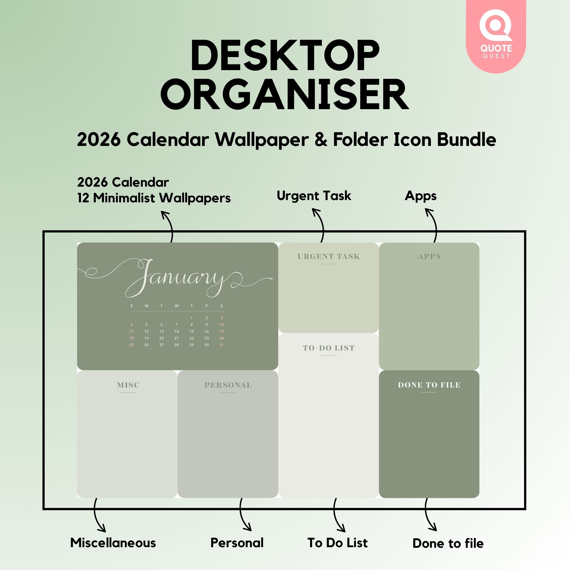 16 Desktop Organizer Wallpaper – Minimalist Green Digital Bundle for Productivity & Aesthetic Setup - Image 2
