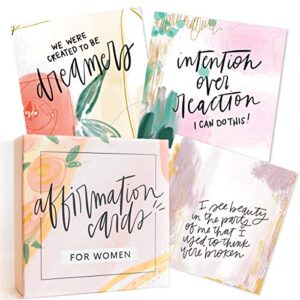Set of Affirmation Cards for Women with colorful abstract backgrounds and handwritten motivational quotes promoting self-love and empowerment