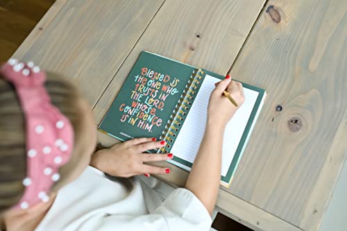 Prayer Journal for Teen Girls – Scripture-Inspired Writing for Faith & Growth Teen girl writing in spiral-bound Prayer Journal for Teen Girls, with motivational scripture quote and lined page for personal reflection