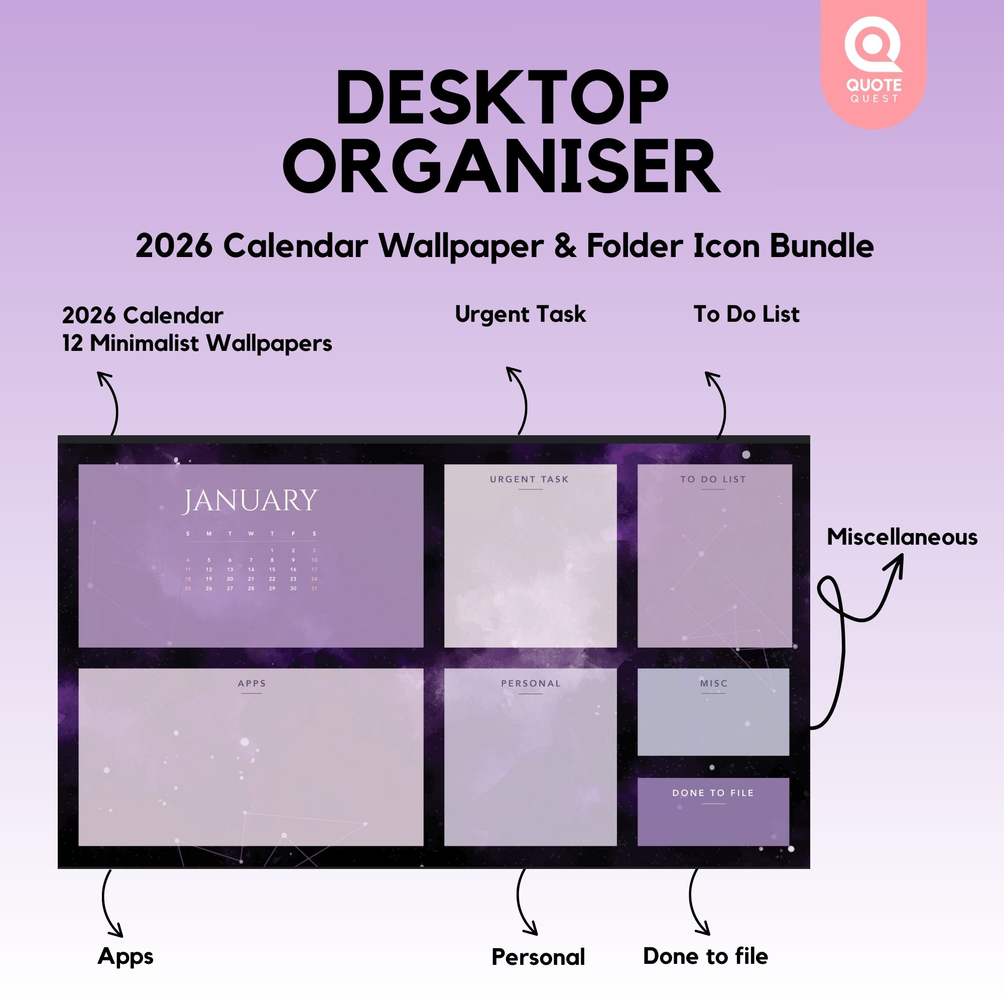 22 Desktop Organizer Wallpaper – Minimalist Cosmic Purple Digital Bundle for Productivity & Aesthetic Setup - Image 2