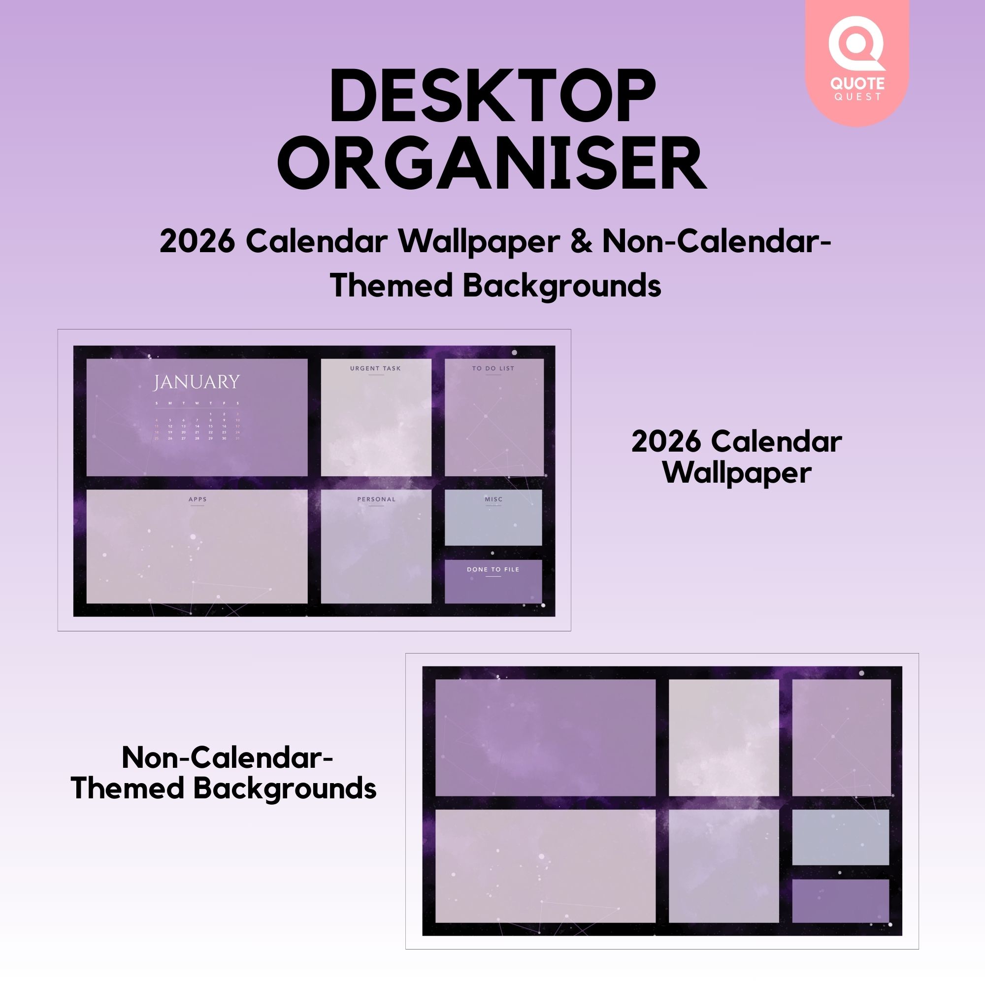 24 Desktop Organizer Wallpaper – Minimalist Cosmic Purple Digital Bundle for Productivity & Aesthetic Setup - Image 4