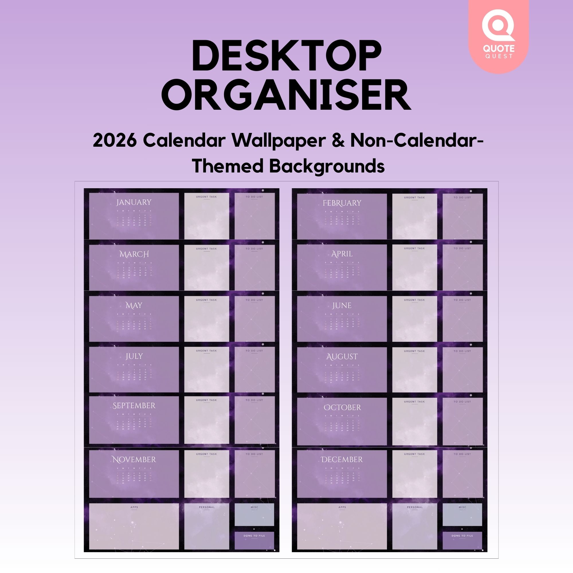 25 Desktop Organizer Wallpaper – Minimalist Cosmic Purple Digital Bundle for Productivity & Aesthetic Setup - Image 5