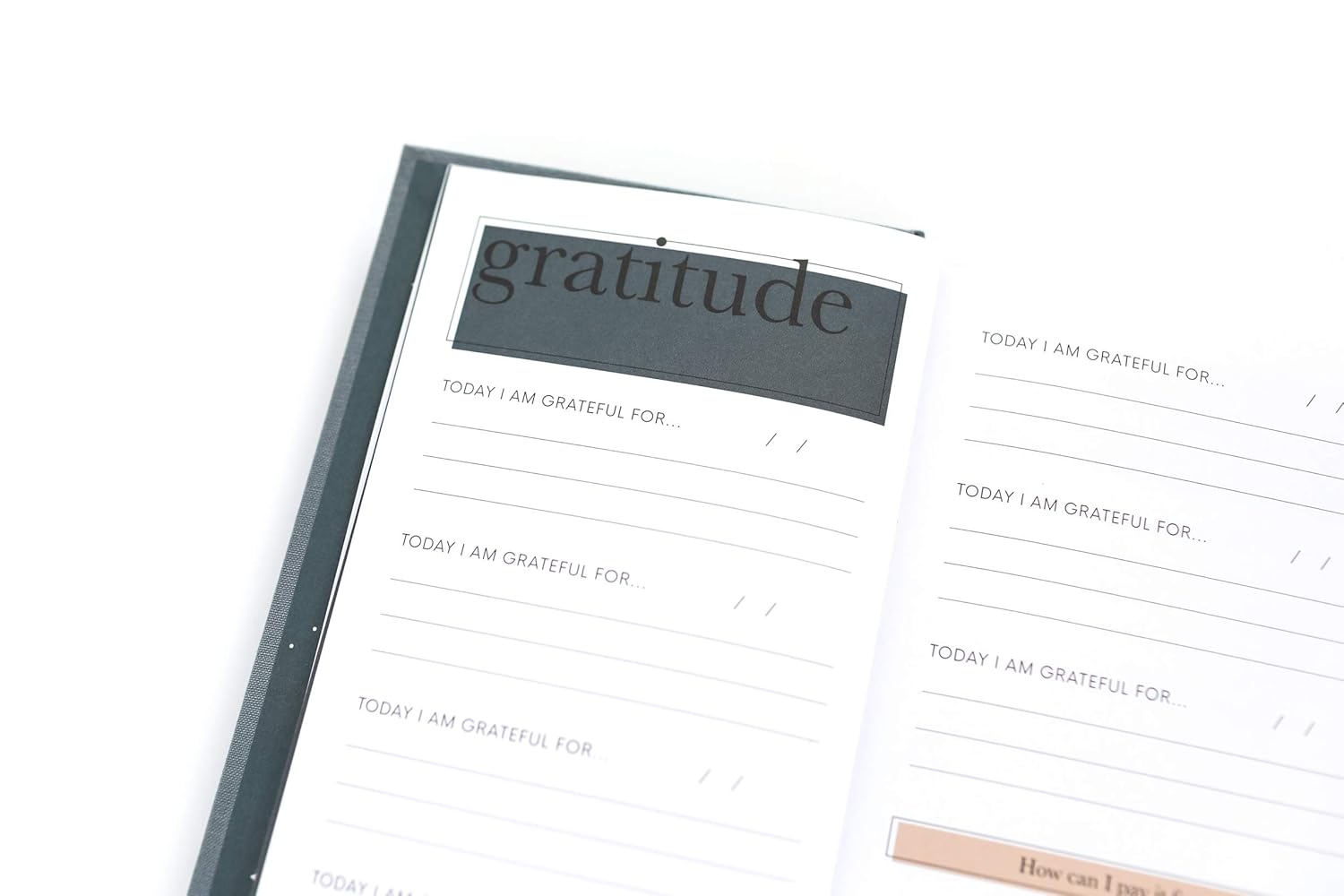 Gratitude Journal – Daily Reflection Prompts Open gratitude journal with “TODAY I AM GRATEFUL FOR…” prompts and blank lines for daily reflection.