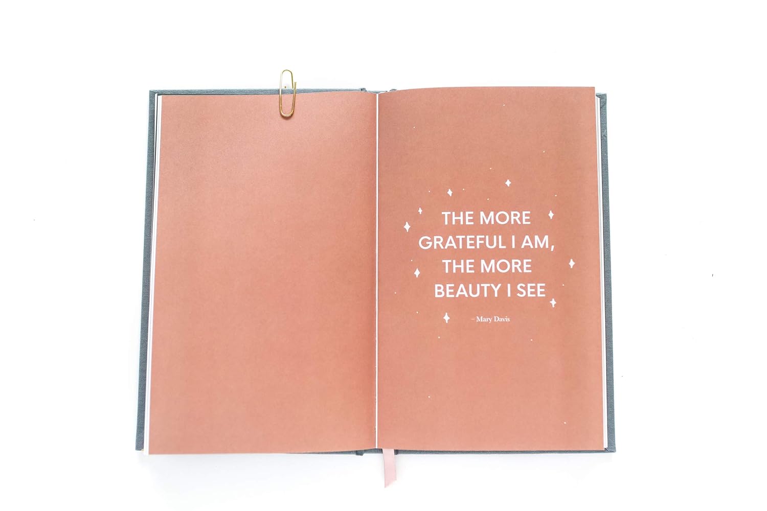 Gratitude Quote Journal – Mary Davis Inspiration Open journal with a brownish-pink background and a motivational quote on the right page reading “The more grateful I am, the more beauty I see – Mary Davis.”