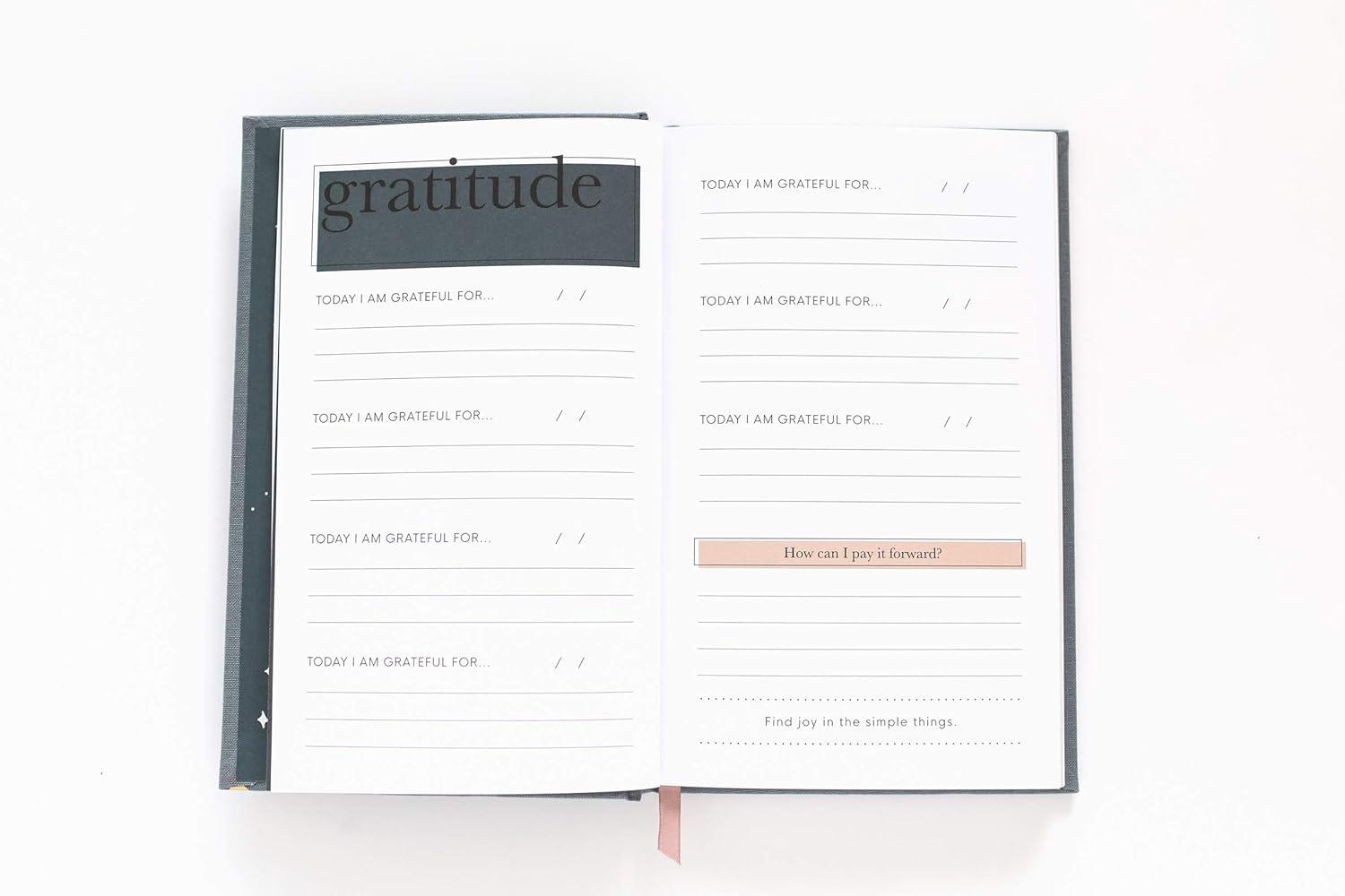 Gratitude & Kindness Journal – Daily Reflection Spread Open gratitude journal with prompts reading “TODAY I AM GRATEFUL FOR…” and a highlighted section asking “How can I pay it forward?”