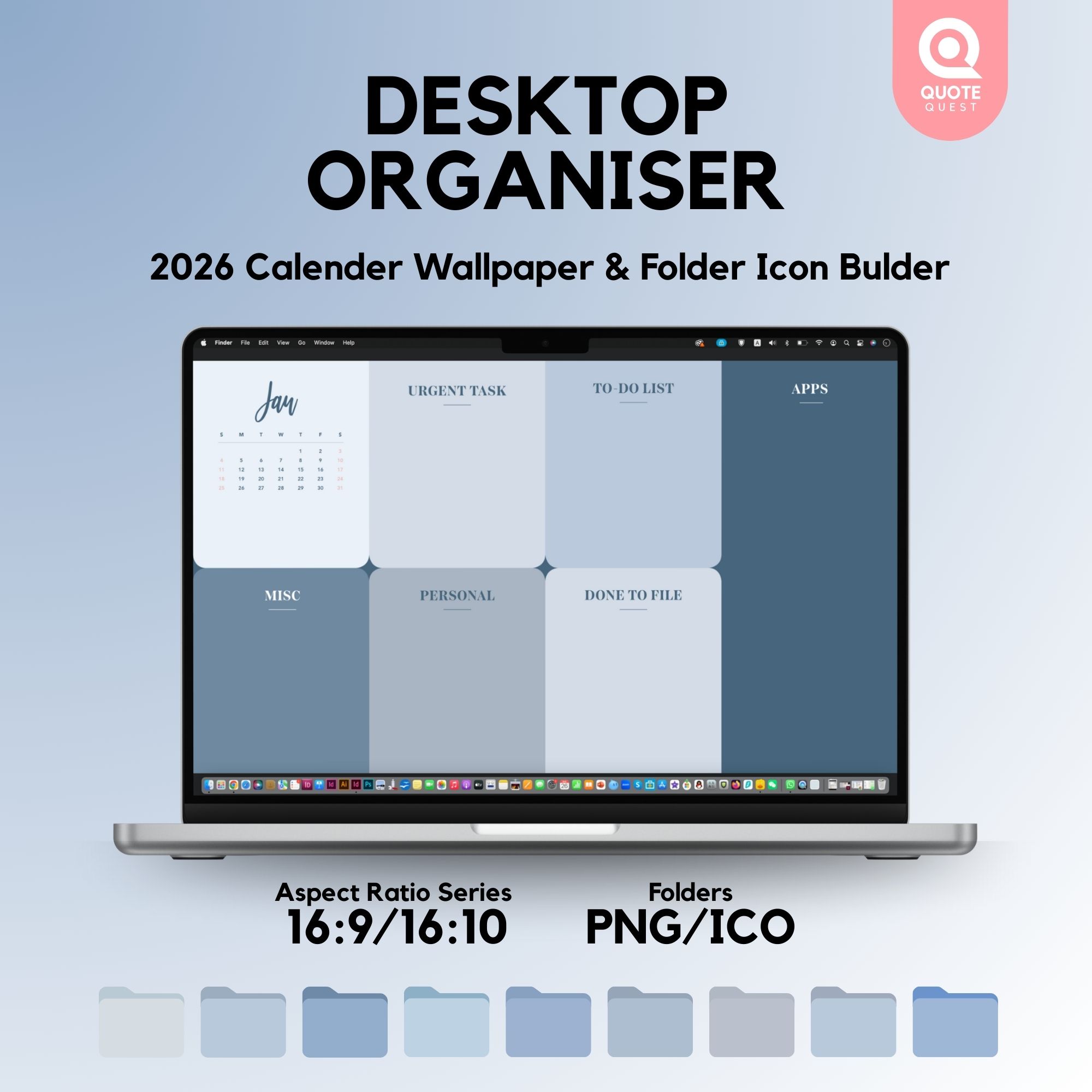 9 Desktop Organizer Wallpaper – Minimalist Blue Neutral Digital Bundle for Productivity & Calm Aesthetic