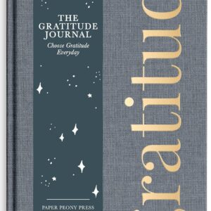 Cover of “The Gratitude Journal” featuring a celestial-themed dark strip with stars and the phrase “Choose Gratitude Everyday,” alongside a textured gray background with the word “gratitude” in gold.
