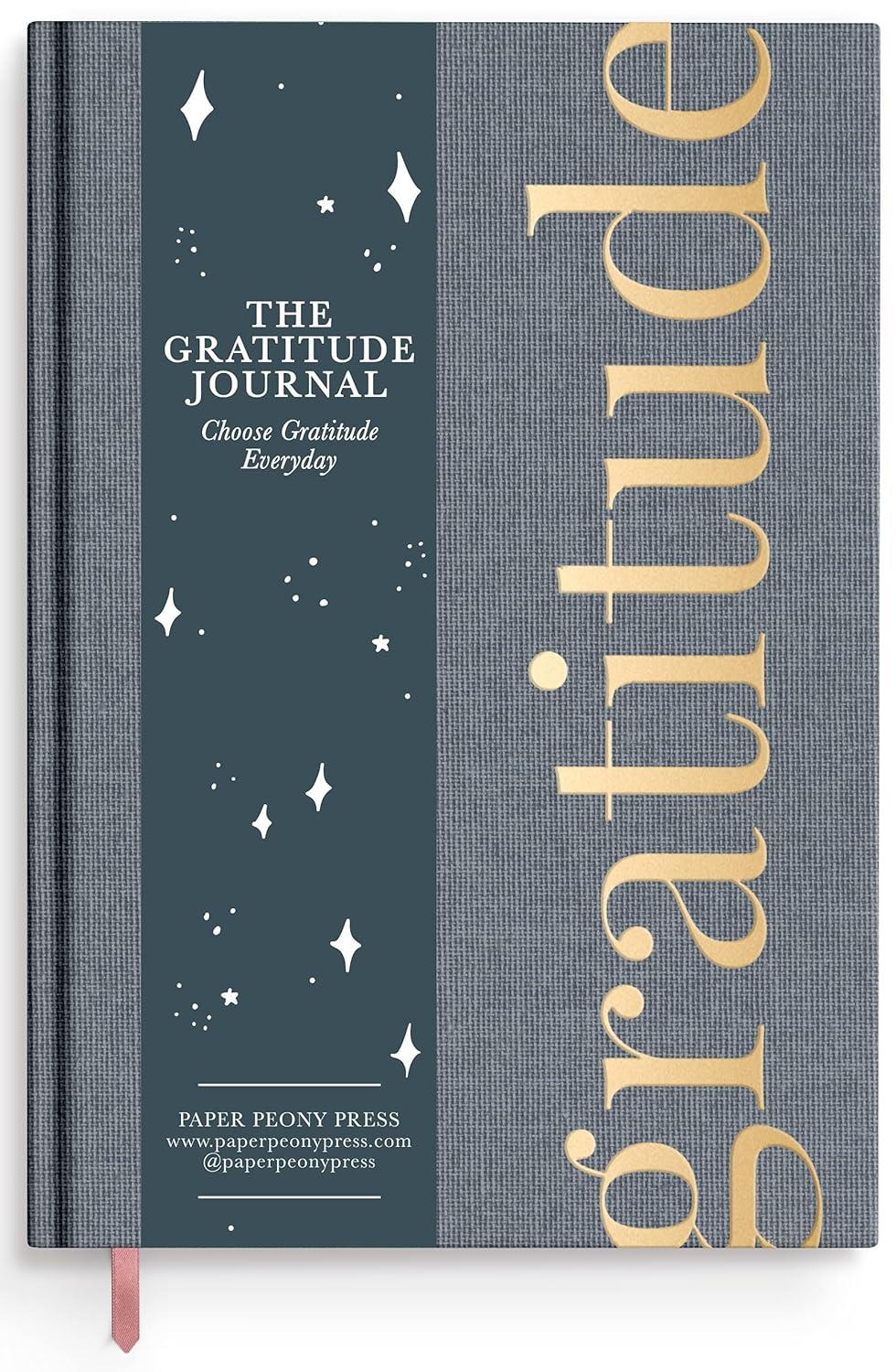 The Gratitude Journal – Choose Gratitude Everyday Cover of “The Gratitude Journal” featuring a celestial-themed dark strip with stars and the phrase “Choose Gratitude Everyday,” alongside a textured gray background with the word “gratitude” in gold.