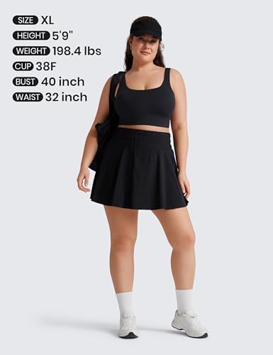 Butterluxe Sports Bra – Real Fit Guide for XL Size & Everyday Styling Model wearing Butterluxe Sports Bra with pleated skirt and accessories, shown with sizing details including height, weight, and bust measurements