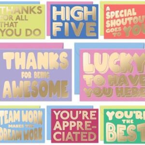 Grid of colorful Employee Appreciation Cards for Coworkers featuring bold messages like “THANKS FOR ALL THAT YOU DO” and “YOU’RE THE BEST” on vibrant backgrounds