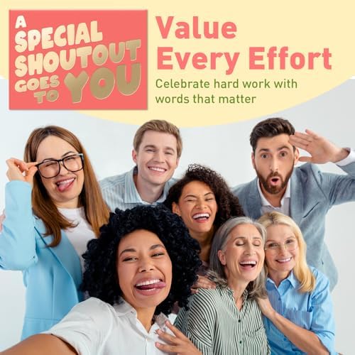 Employee Appreciation Cards for Coworkers – Celebrate Effort & Build Team Morale Group of coworkers smiling and celebrating together in front of a light blue background, with motivational text promoting appreciation and recognition