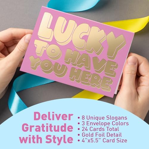 Employee Appreciation Cards for Coworkers – Gold Foil Gratitude Notes with Envelopes Employee Appreciation Card with gold foil message “LUCKY TO HAVE YOU HERE” on pink background, held by hand and surrounded by ribbon, with product features listed below