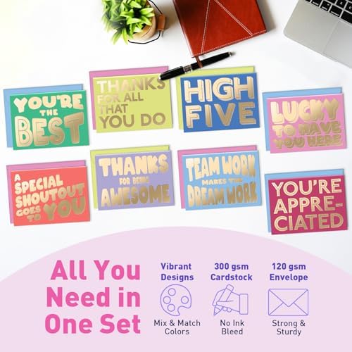 Employee Appreciation Cards for Coworkers – Vibrant Motivational Set with Premium Cardstock & Envelopes Employee Appreciation Cards for Coworkers laid out with bold motivational messages and office supplies, featuring colorful designs and sturdy cardstock
