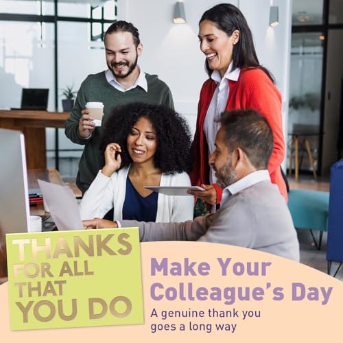 Employee Appreciation Cards for Coworkers – Celebrate Teamwork & Express Genuine Gratitude Coworkers gathered around a computer in a modern office, collaborating and smiling, with motivational text promoting gratitude and teamwork