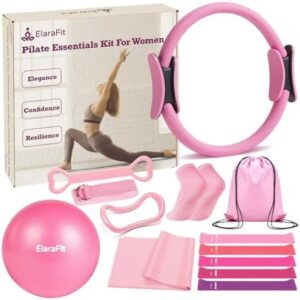 Complete Pilates Resistance Training Kit for Women by ElaraFit featuring pink accessories including ring, ball, foam roller, resistance bands, grip socks, and carry bag Pilates ring, yoga ball, foam roller, resistance bands, grip socks, and carry bag.