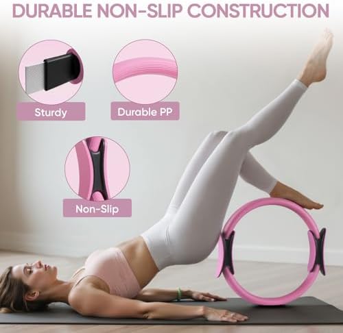“ElaraFit Pilates Ring – Durable Non-Slip Exercise Tool for Core & Leg Workouts” Woman exercising with Pilates Resistance Training Kit for Women using pink Pilates ring for leg and core workout on a yoga mat.highlighted: sturdy strap, durable PP material, and non-slip grip.”