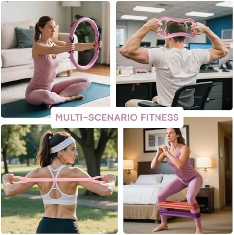 ElaraFit Multi-Scenario Pilates & Resistance Band Workout – Home, Office, Outdoors Pilates Resistance Training Kit for Women used in multiple settings—home, office, outdoors, and bedroom—for full-body workouts