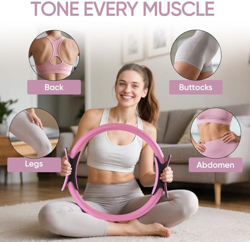 ElaraFit Pilates Ring – Full-Body Toning for Women’s Home Workouts Woman using Pilates Resistance Training Kit for Women to tone back, buttocks, legs, and abdomen with pink Pilates ring in home settingtargeted toning for back, buttocks, legs, and abdomen under the headline ‘Tone Every Muscle.