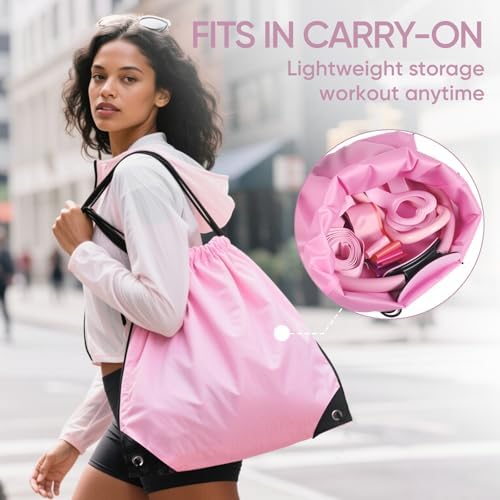 ElaraFit Lightweight Gym Bag – Stylish Carry-On for Fitness & Travel” ElaraFit drawstring bag from Pilates Resistance Training Kit for Women shown in city setting with inset of workout essentials insideshowing workout and personal items inside, under the text ‘Fits in Carry-On – Lightweight Storage, Workout Anytime.