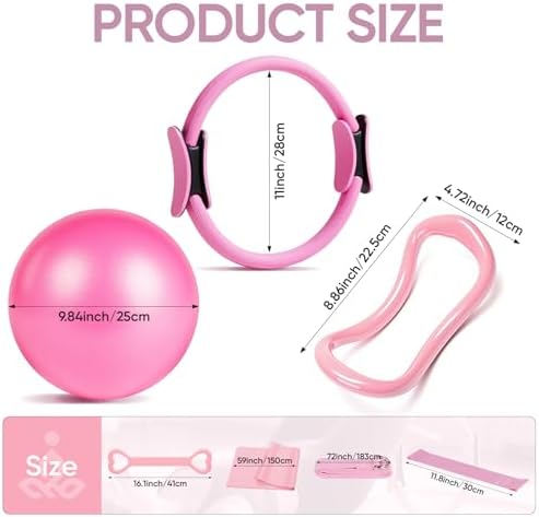 Pilates Resistance Kit Size Chart – Ring, Ball & Band Dimension Size chart of Pilates Resistance Training Kit for Women showing 38cm exercise ring, 25cm yoga ball, and 32cm resistance band