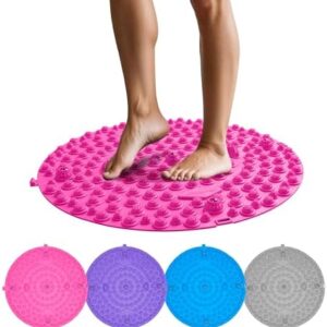 Reflexology Foot Massage Mat in pink with raised acupressure nodules, shown in use and available in four colors: pink, purple, blue, and gray