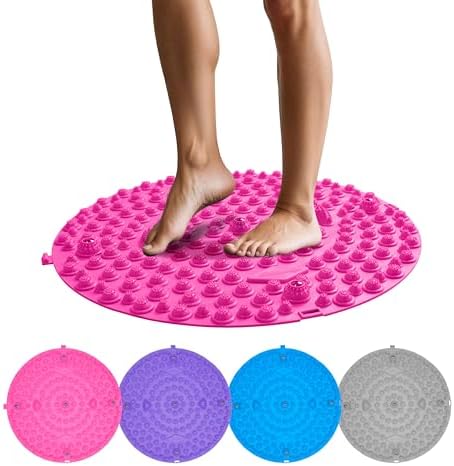 Reflexology Foot Massage Mat – Acupressure Pad for Pain Relief & Circulation Reflexology Foot Massage Mat in pink with raised acupressure nodules, shown in use and available in four colors: pink, purple, blue, and gray