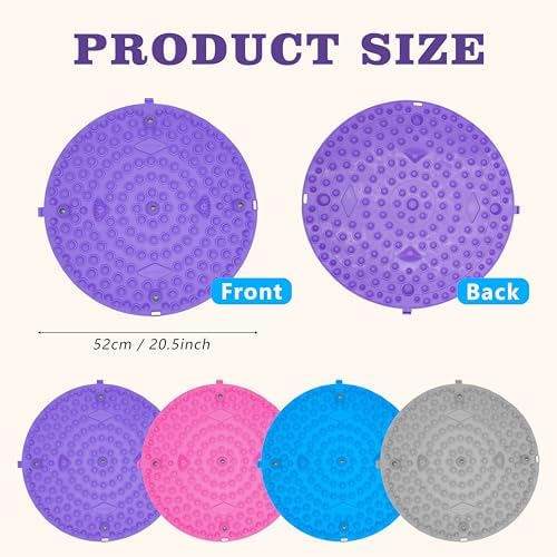 Reflexology Foot Massage Mat – 52cm Acupressure Bath Mat with Suction Cups Reflexology Foot Massage Mat with suction cups and textured surface, shown in front and back views with 52 cm diameter and available in five colors: pink, purple, red, blue, and gray.