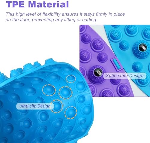 Reflexology Foot Massage Mat – Flexible TPE Material with Anti-Slip & Spliceable Design Reflexology Foot Massage Mat made of flexible TPE material with anti-slip and spliceable design, shown in blue and purple close-up views