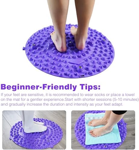 Reflexology Foot Massage Mat – Beginner Tips for Comfortable Acupressure Therapy Beginner-friendly use of Reflexology Foot Massage Mat with raised nodules and embedded stones, showing feet on mat and alternative methods using socks or towel for sensitive feet.