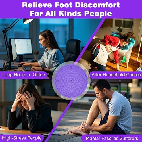Reflexology Foot Massage Mat – Foot Pain Relief for Office Workers, Stress, and Plantar Fasciitis Reflexology Foot Massage Mat promotional graphic showing four user types: office workers, household chore doers, stressed individuals, and plantar fasciitis sufferers.”