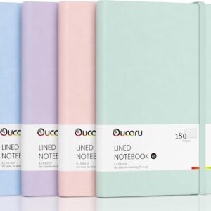Four pastel-colored Premium Hardcover Writing Journals standing upright, featuring soft covers, lined pages, and durable binding