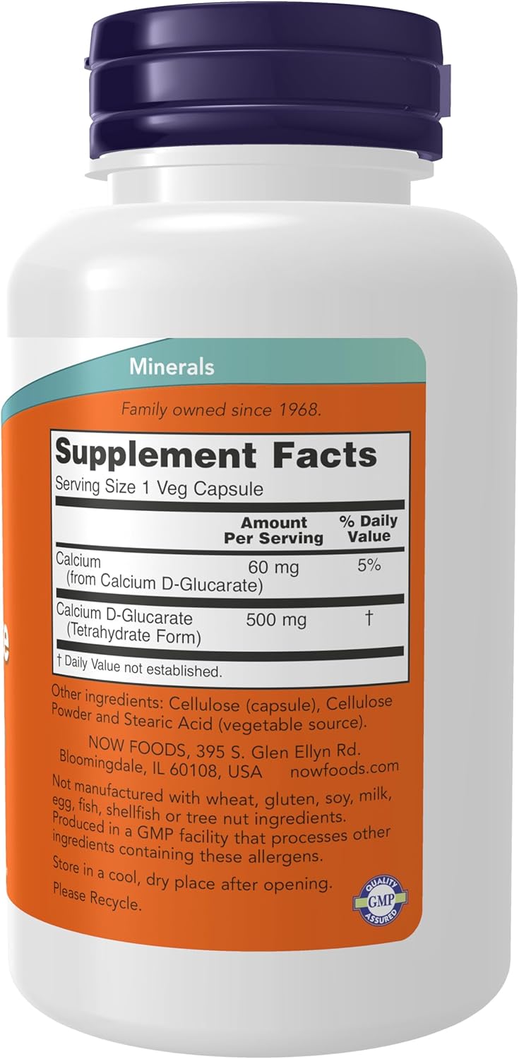 NOW® Calcium D-Glucarate Supplement Facts – Clean Label Mineral Support Supplement Facts for Calcium D-Glucarate Supplement with 500 mg per capsule