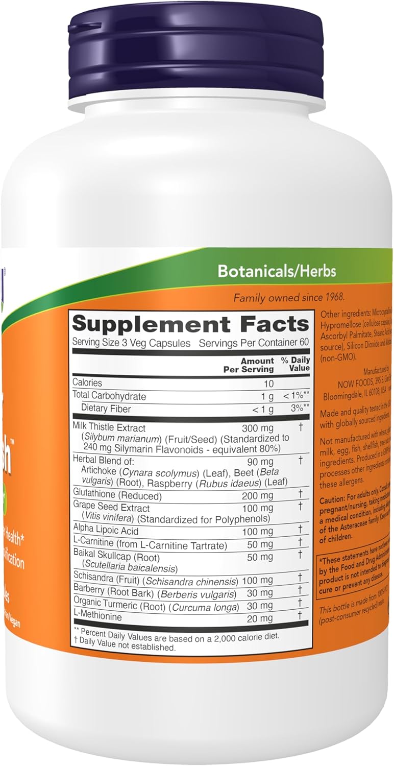 Detailed Ingredient Breakdown – NOW® Liver Refresh™ Liver Support Formula Supplement Facts for NOW Liver Refresh showing liver support ingredients