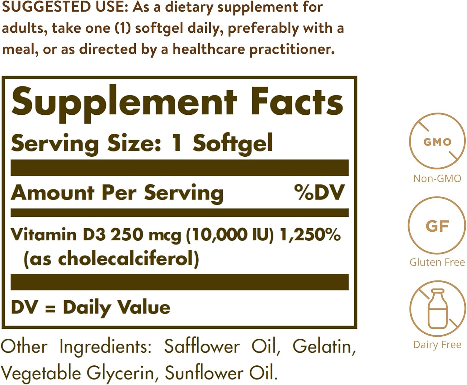 Solgar Vitamin D3 Supplement Facts – 10,000 IU Dosage and Clean Ingredients Supplement Facts for Solgar Vitamin D3 Supplement with 250 mcg per softgel
