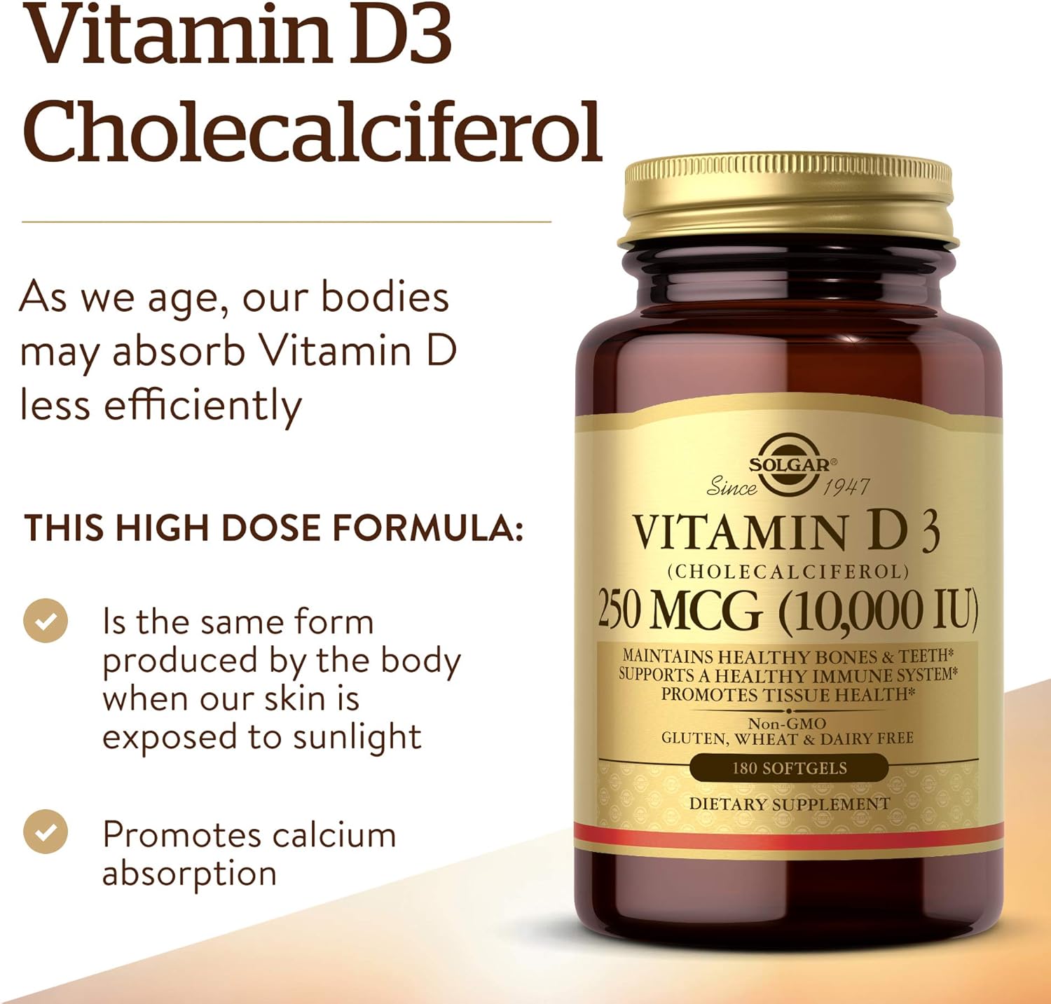 Vitamin D3 Supplement for Aging Support – Solgar 10,000 IU Formula Solgar Vitamin D3 Supplement supports calcium absorption and aging wellness
