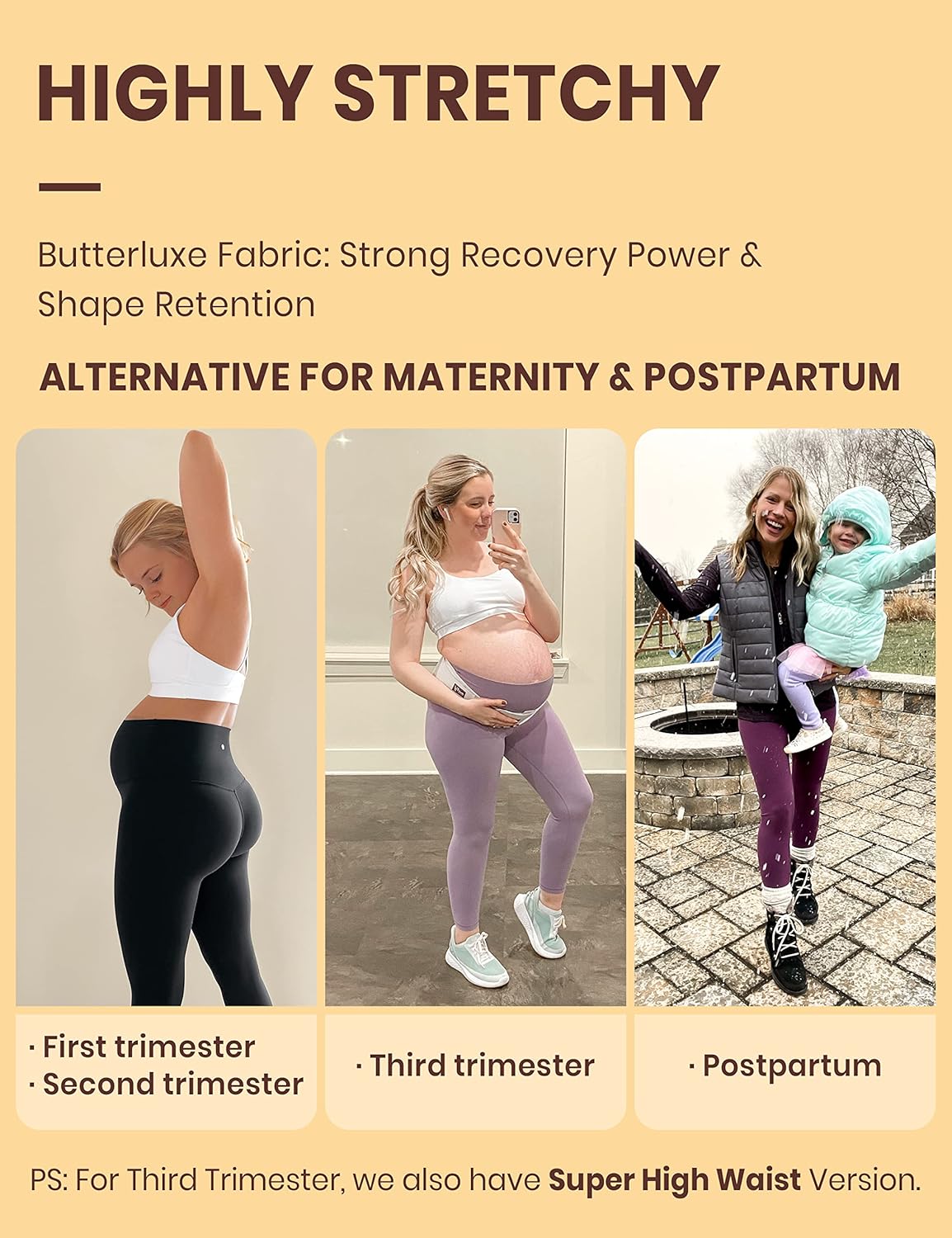 Butterluxe High-Waisted Leggings – Maternity & Postpartum Stretch Support Butterluxe High-Waisted Leggings worn across maternity stages, showing stretch, recovery, and postpartum comfort