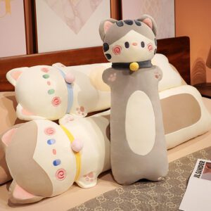 Three horizontal long cat plushies with blue, yellow, and pink collars, plus one standing plush in gray outfit.