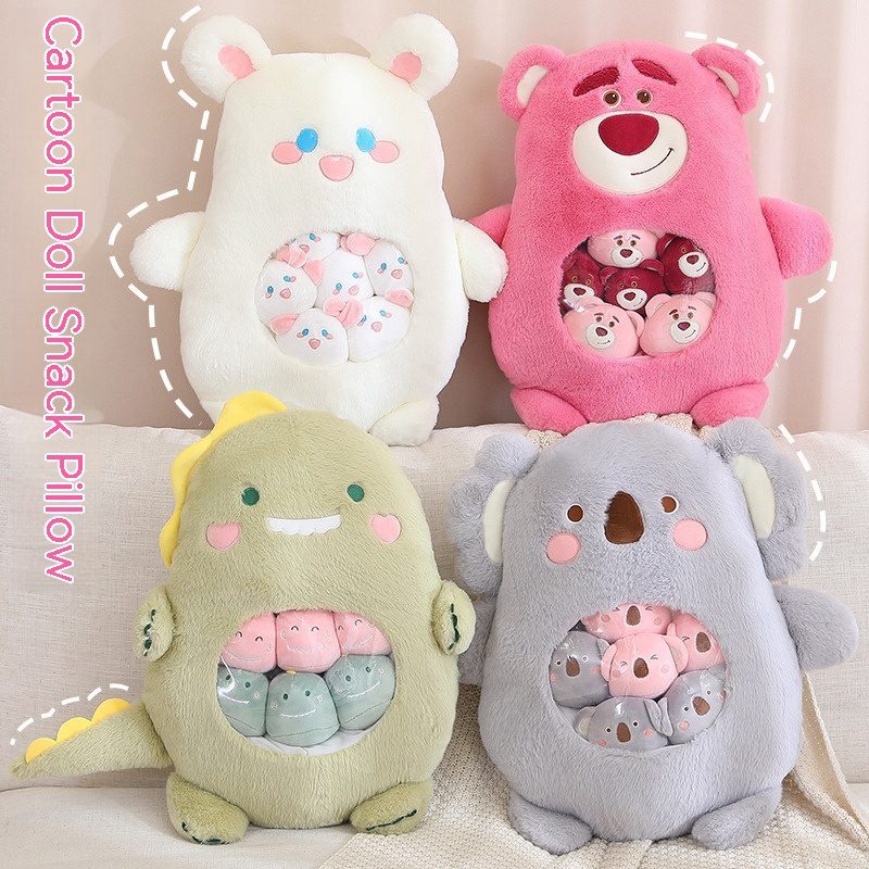 Plushie Collection Bag – Character Snack Pack Series Four plushie collection bags shaped like cartoon animals with transparent belly pockets holding mini plush toys.