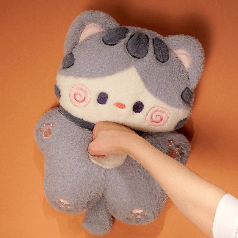 Hug Cats Plush Toy – Gray Hand Puppet Edition Hug Cats Plush Toy in gray and white with pink cheeks and paw pads, held as a hand puppet against orange background.