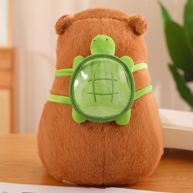 Capybara Plush Toy – Turtle Backpack Edition Capybara plush toy viewed from the back, wearing a green turtle-shaped backpack with a transparent shell.