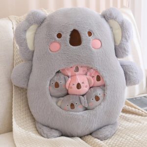 Gray koala plushie collection bag with pink cheeks and transparent belly pocket filled with mini koalas.