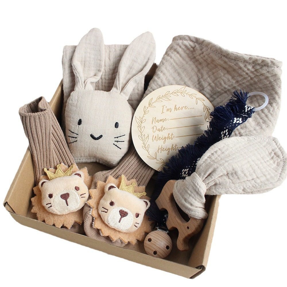 9561c993-d6a2-40a5-b8e2-7c5e3667943b.jpg Newborn Gift Box Set – Baby Rabbit & Lion Towel, Socks, Bite Ring & Hair Band Essentials - Image 2