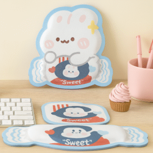Candy-shaped wrist rest with cartoon bunny and bear character, surrounded by red and blue hearts and the word “Sweet.”