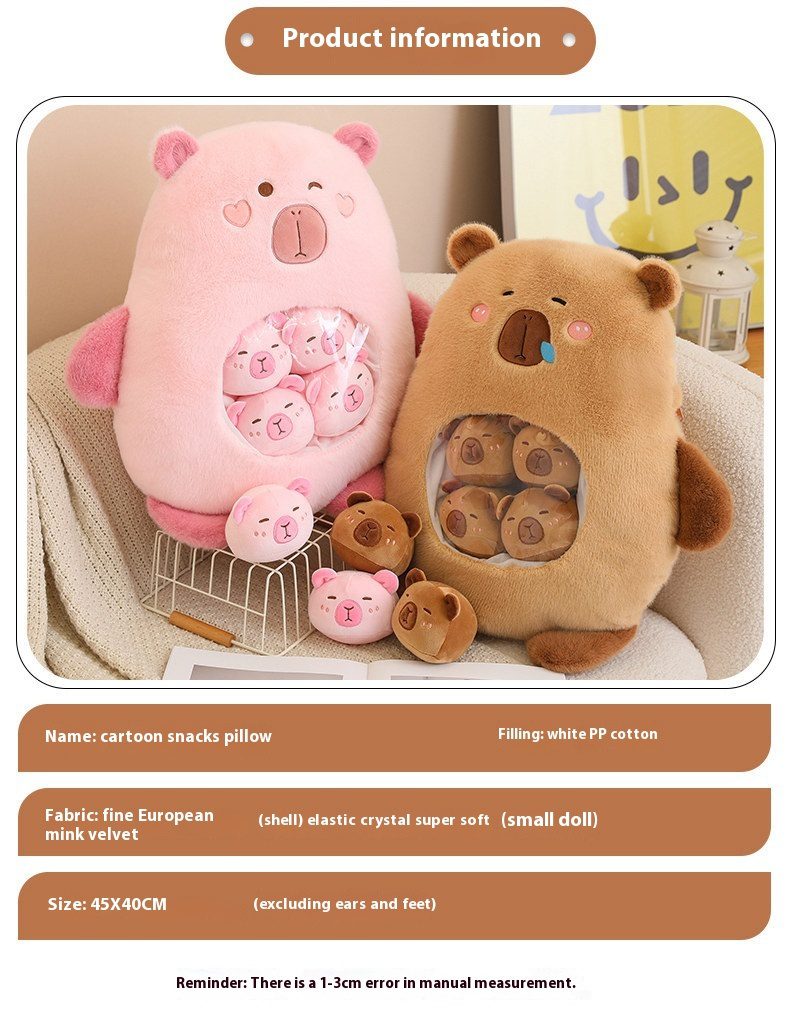 Capybara Plush Toy – Collector’s Info Edition Pink and brown capybara plush toys with transparent belly pockets and product information text.