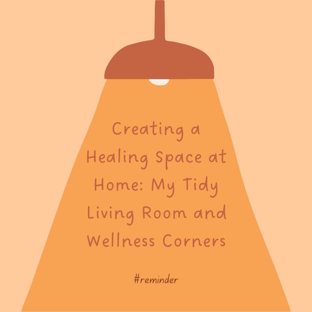 Illustrated hanging lamp casting warm light over text about creating a healing home space.