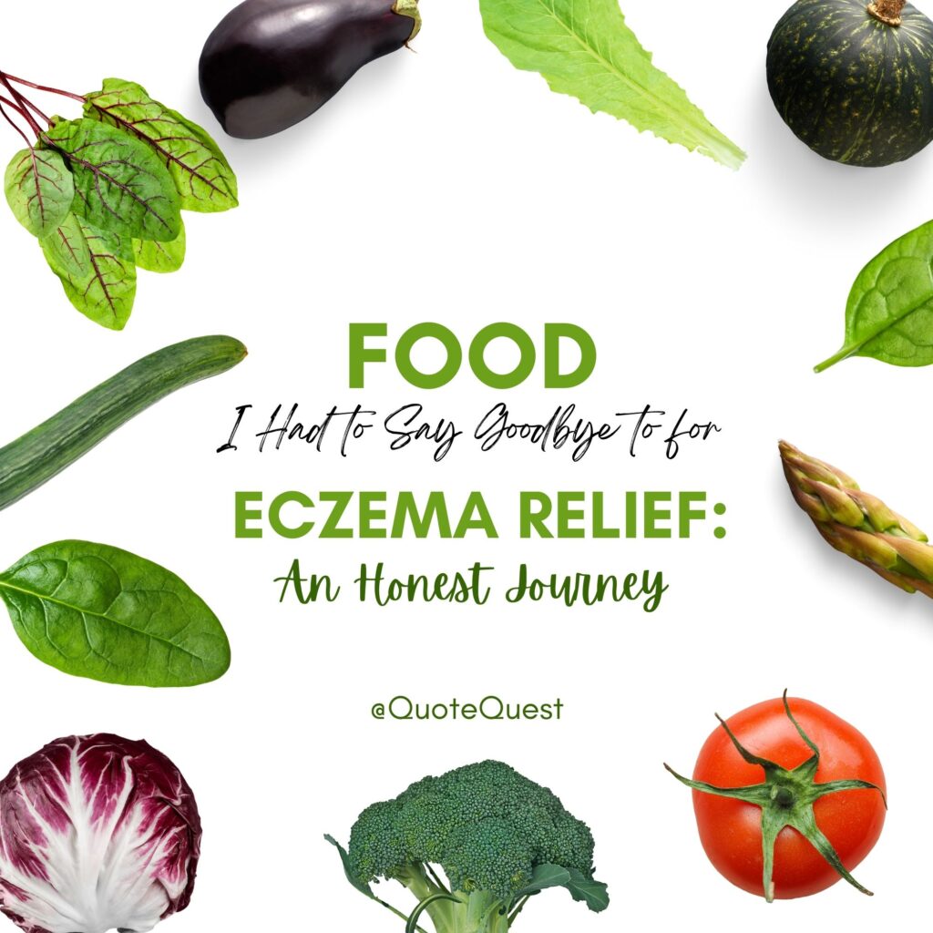 Assorted vegetables arranged around central text about eliminating foods for eczema relief.